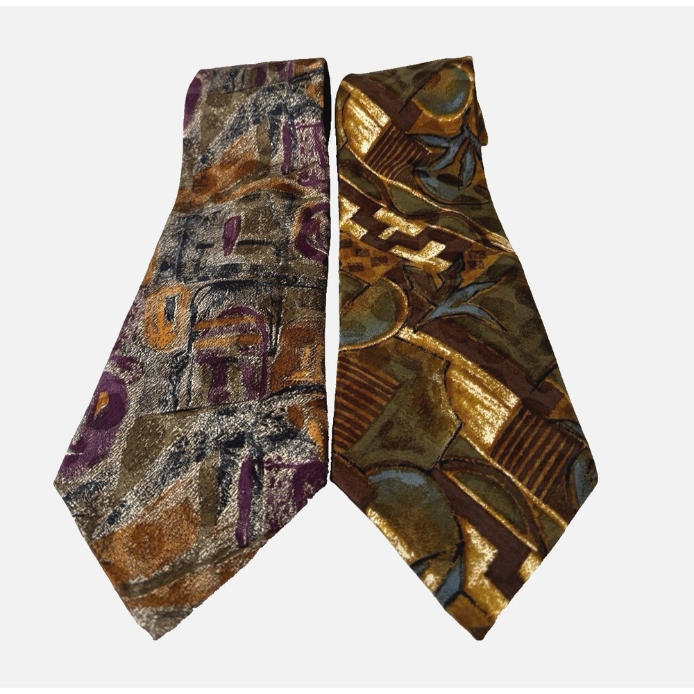 VTG Guy LaRoche Men Set Bundle Lot of 2 Silk Ties Abstract Gold Green Brown 80s
